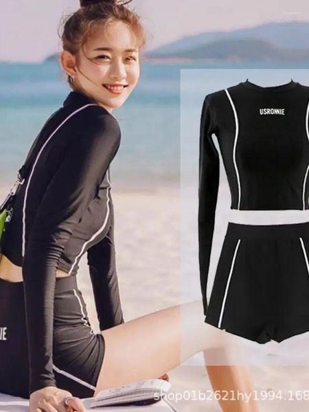 Costumi da bagno femminile in cima della Corea del Sud Slitta a maniche lunghe nera Small Flat Corner Conservative Slim Suncreen Swimsuit