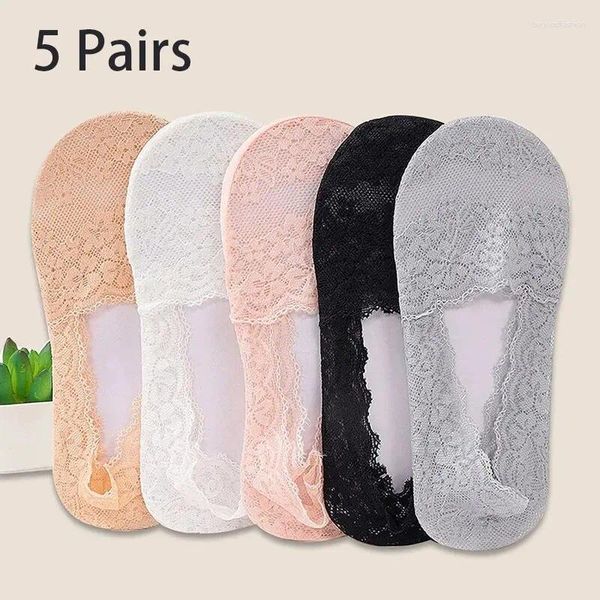 Mulheres meias 5 pares de feminino na primavera verão respirável absorção de suor profundo laço de renda de silicone não deslizamento barril de flor de cerejeira fina