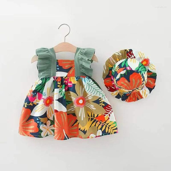 Mädchenkleider Mädchen Kleid Sommer Kinderfarbe Blume Holz Ohrhalter Rock Spitze A-Line-Mütze 2024 Kleidung