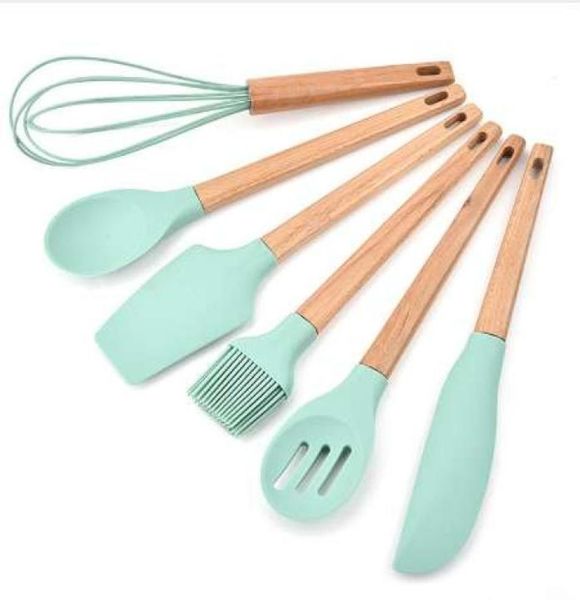 6 PCSSET Mint Verde Verde Silicone Utensili da forno Set di utensili da cucina a manico in legno Accessori da cucina e gadget Kit7098947