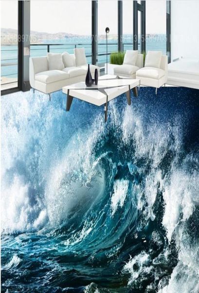 Papel de parede personalizado 3d piso de arte moderna rio pedras banheiros piso mural azul onda de oceano 3d floo pvc auto -assado papel de parede waterpr9831486