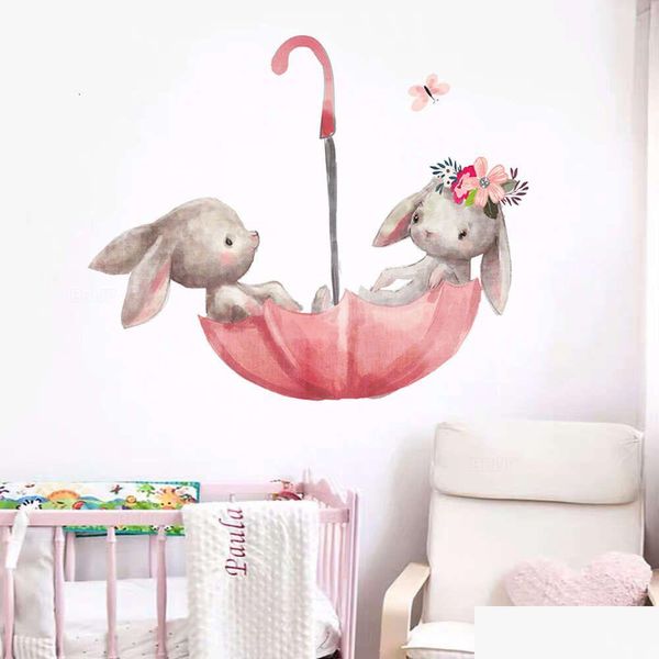 Adesivi a parete carino coniglietto grigio coniglietto coniglio per bambini sala gatto baby nido decalcomanie rosa fiore decorazione casa consegna gocce gart dhghg