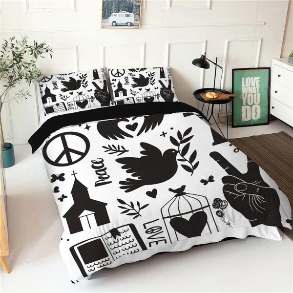 Set di biancheria da letto Bird e Nero Bird of Peace Design Pattinaggio matrimoniale con federe Fabic Wuvet Cover