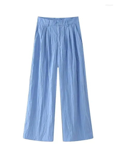 Calça feminina Trafza 2024 Spring Women Fashion Troushers Solid Hidden Buckle Loose Long Long Woman Wild Casual Female Wide perna calça