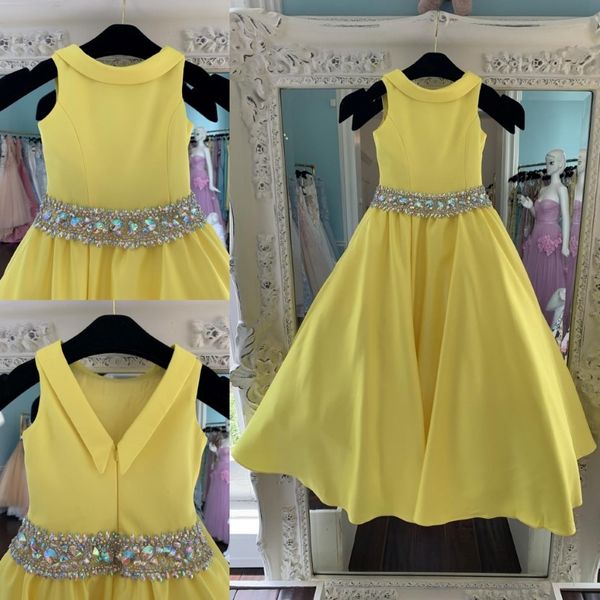 Vestidos de concurso de cetim amarelo para adolescentes 2019 Fotos reais Bling Rhinestones Vestidos de concurso longos para meninas v traseiro cintura Rosie 215h