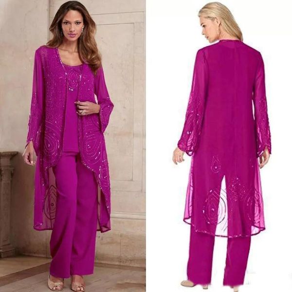 PLUS TAMANHO FUCHSIA Mãe da noiva terno de calça de noiva três peças chiffon mãe desgaste formal de ocasião especial de miçanias com jacke 191h