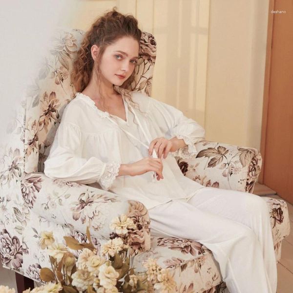 Roupas em casa Princesa romântica Sleepwear Sweet Lace Pijama Autumn Color Solid Color Sets Fairy Cotton Cotton Manga Long Tops calças Loungewear