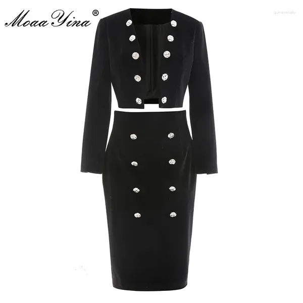 Abiti da lavoro Moaayina Fashion Runway Office Autunno Autunno Gonne in velluto Black Suit Women Women Wleeve Coat Top Slim Due pezzi set