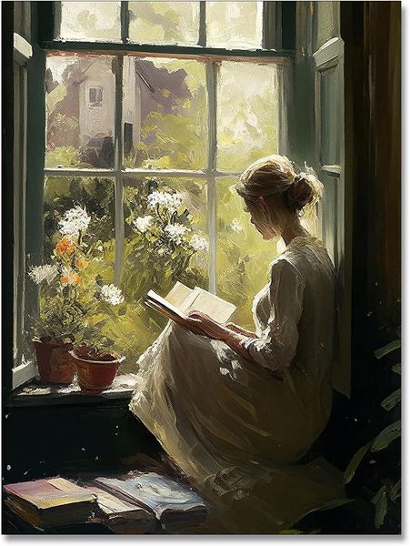 Retrato vintage pintura a óleo arte de parede retro mulheres lendo livros de janelas pôsteres famosos femininos de lona feminina impressão estética de decoração de parede estética