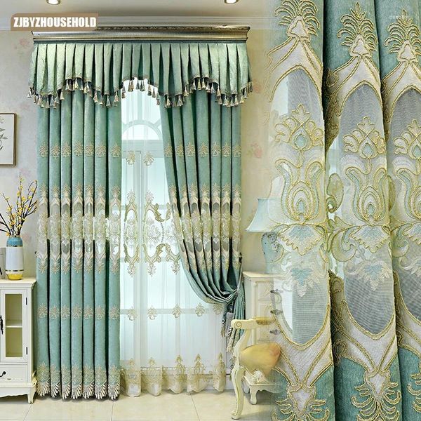 Cortinas de luxo de estilo europeu cortinas para a sala de jantar de sala de jantar varanda janela de piso de alto grau chenille bordado verde