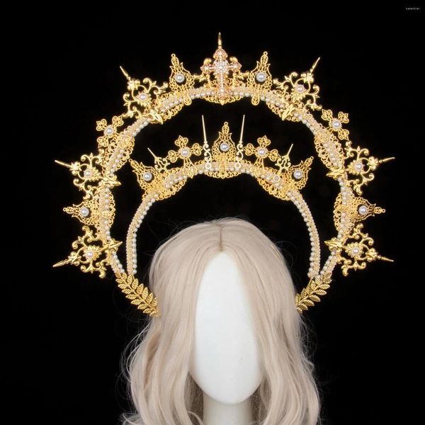 Forniture per feste fatte a mano Lolita Halo Crown Head fascia Golden Mary Apollo Sun Angelo Goddess Gothic esagerato Oversize Paradio