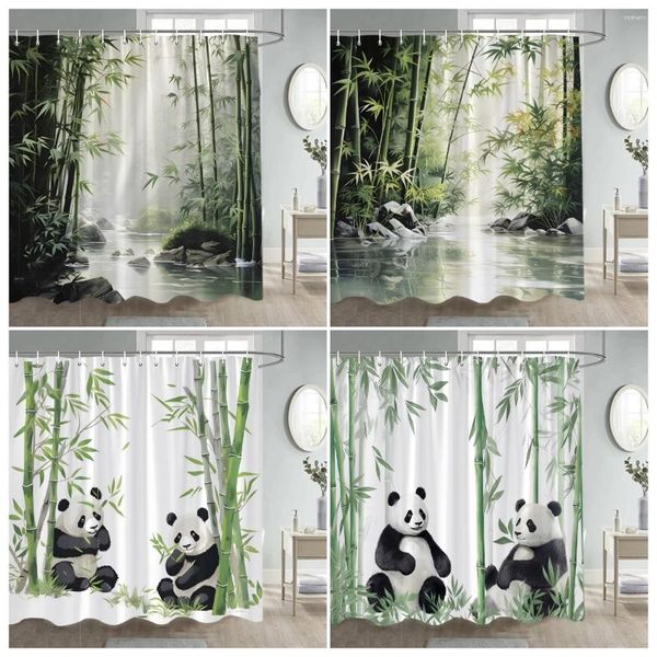 Duş perdeleri komik panda sevimli hayvanlar yeşil bambu mürekkep sanat Çin tarzı banyo perdesi set kumaş ev dekor