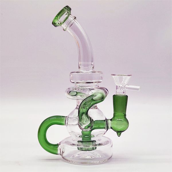 Tubo de água de água de vidro verde de 8 polegadas Dab Reciclador NEO FAB SLIT Hubpipes Bongos Fumaça de fumaça de 14,4 mm de junta feminina com tigela comum portátil US Warehouse