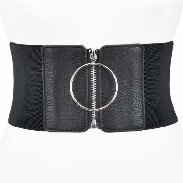 Celra Mulheres Ultra Large Belt para vestido Zipper Elastic feminino Big Metal Circle Ring Black Strap Lady Clothing Acessórios