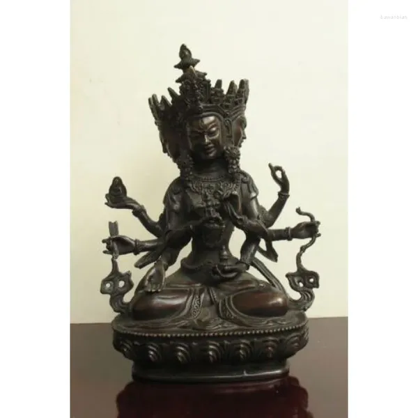 Figurine decorative 3 faccia antica bronzo tibetano vajra dio ushnishavijaya namgyalma statue