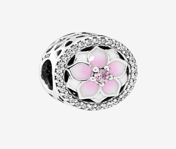 Magnolia rosa 925 Sterling Silver Charm Chain Bracelet Colar Jewelry Acessórios para P Charms de Flores P com Box5855409