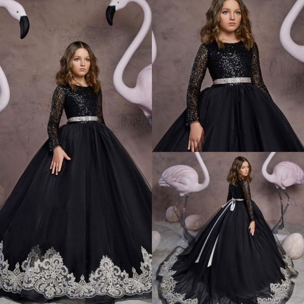 2020 Black Flower Girl Dress Appliques Crystal Sequint