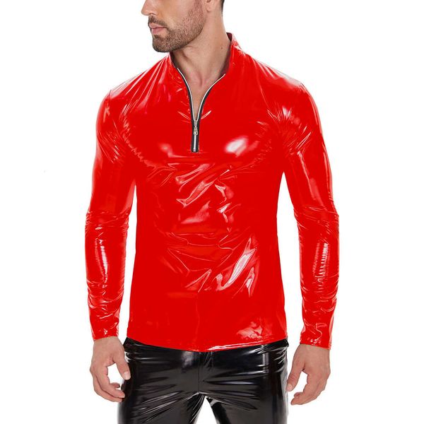 7xl Herren Wetlook Hemd Langarm Hochleiste glänzende PVC -Lederjacke Sexy Standkragen Windbreaker Männlich Plus Größe Casual Coat CatSuit Kostüme