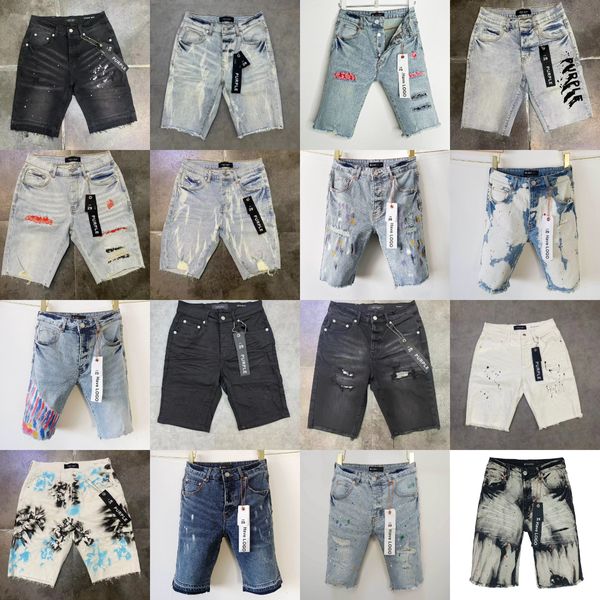 Lila Jeans Shorts Herren Jeans Fit Patch Vintage Not gerissen zerstörte Stretch Biker Denim Black Slim Hip Hop Hosen für Männer Jean Hosen Loch Lila Jeans kurz