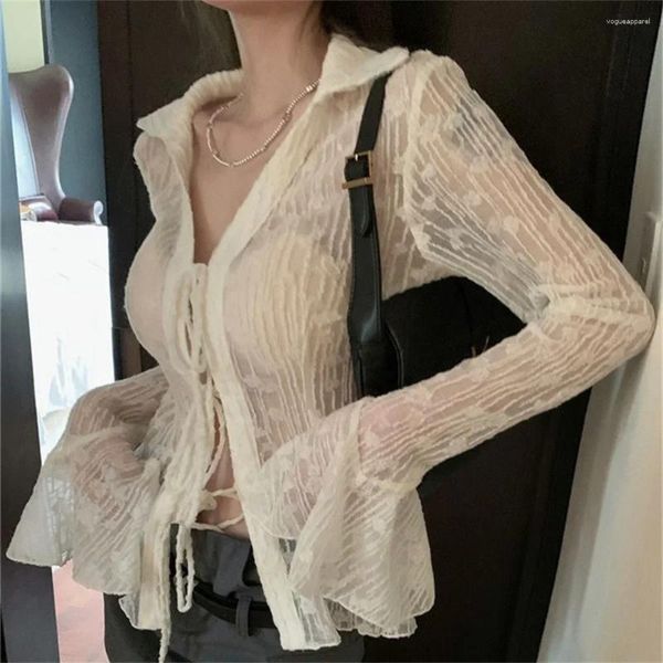 Frauen Strick Mode elegante weiße Schnüre -up transparente Hemden Frau Slim Langarmblusen Blusen Koreanische Strickjacke Sommerschule Mädchen Kleidung