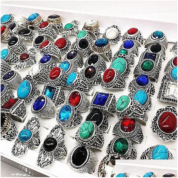 Ringe Mixmax 20pcs/Lot Nature Stone Tibetaner Männer Vintage Alloy -Paar Anillo Hombre Schmuck Frauen Großhandel Lose Drop Lieferung Ri Dhdg5