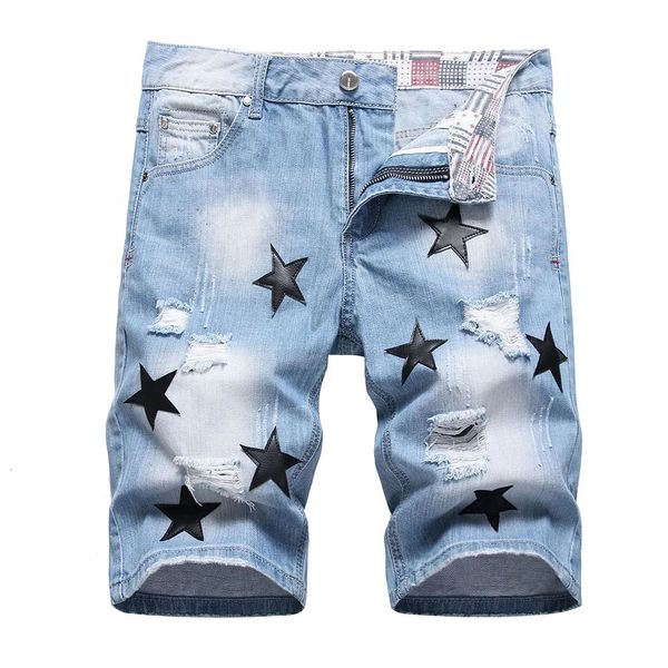 Men Black Leather Stars Patches Denim Shorts Summer Summer Slim Straight Jeans Hole Ripped Cotton Beleches 240511