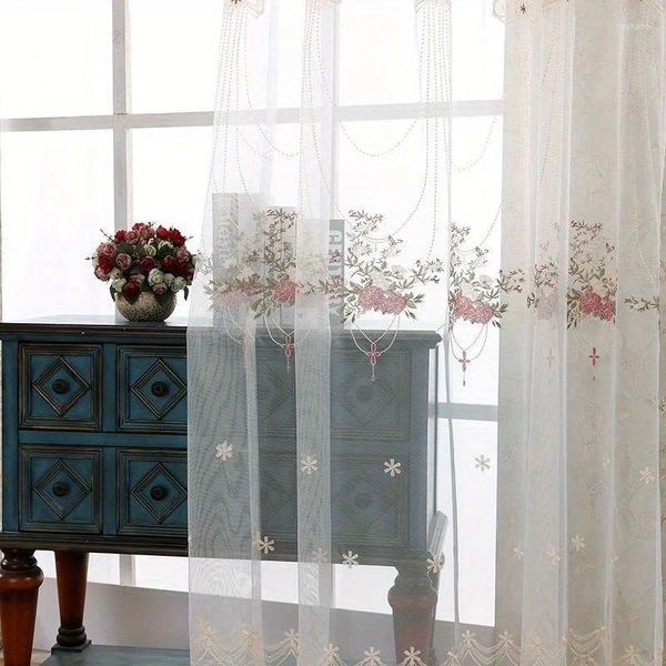 Vorhang rustikal gestickte Blume schiere Tüll für Mädchen Wohnzimmer Balkon pinkes transparentes Voile Blau Fensterbehandlungsdekoration