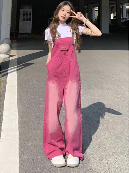 Frauen Jeans Frauen 2024 Sommer Preppy Style Loose Girls Pink Wide Lein Hosen Overall Koreaner Casual Denim Overalls