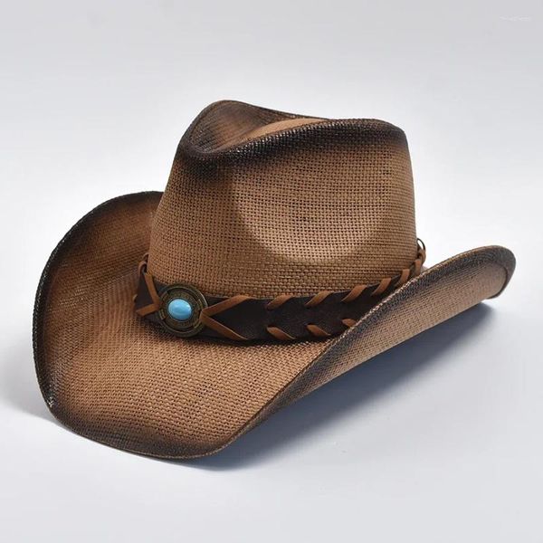 Boinas de chapéu de palha de estilo de cowboy para homens e mulheres vintage de bordas enroladas de caça -férias de verão praia de sol escudo