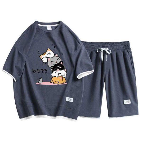 Мужские спортивные костюмы летняя мужская мода японская мультипликационная футболка и шорты с двумя частями дышащих вафель