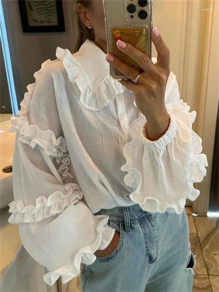 Blouses femininas Taruxy Ruffle Loose Women Camisetas 2024 Algodão de manga longa