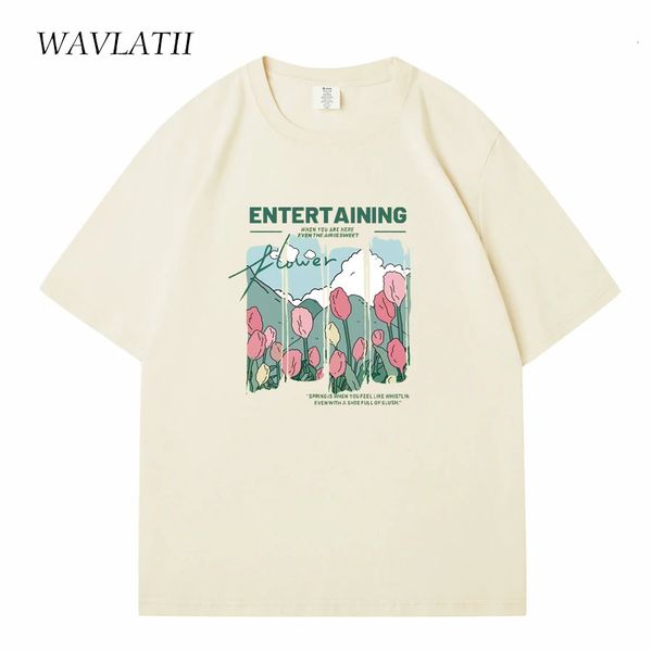 Wavlatii Women Comics Flowers Tople magliette femminile Beige Streetwear Tees Lady Casual Short Short Maniche Tops WT2329 240508