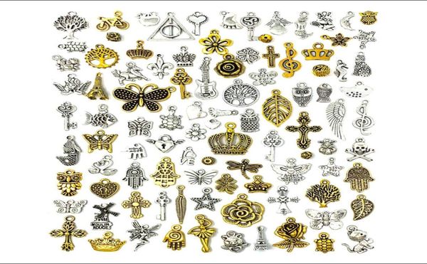 100pcs lotes de jóias integrais, fazendo com que os encantos misturados mistam silvergolden liga encantos de pingentes de diy para colar pulseira jewel9382672