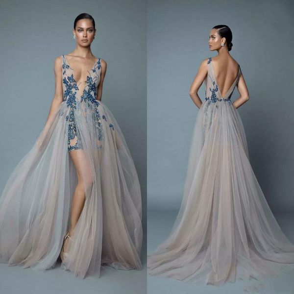 Sexy Berta High Slit Silver Prom Dresses Bohemian Style senza schienale con abiti da sera formali in pizzo blu scuro in rilie