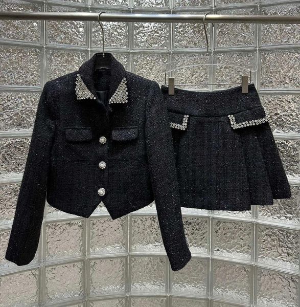 Arbeitskleider Promi Sweet Tweed Rock Set Herbst Winter Frauen Strass -Perlen -Perlen Kurzmäntel Plissee Mini 2 Stücke schwarz