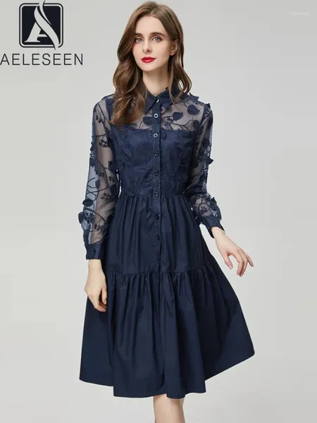 Lässige Kleider Aeleseen Vintage Black Midi Kleid für Frauen Design Mode Langarmblume Stickerei Mesh Patchwork Navy Blue Elegant Elegant