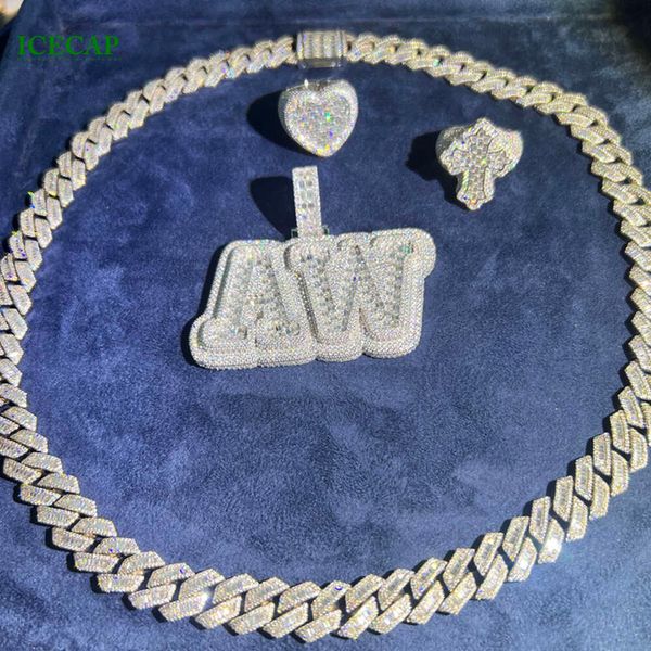 Özel Moda Takı Kolye Hiphop Erkekler Sier Ice Out VVS Moissanite Baget Diamonds Mektup Kolye Kuban Zincir Setleri