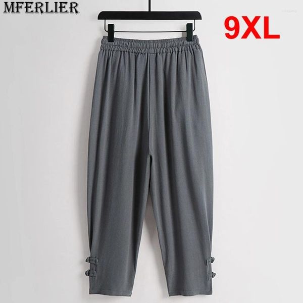 Calça masculina masculino de linho de verão no tornozelo plus size 9xl cintura elástica moda masculina casual cor sólida inferior