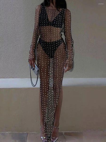 Frauen y2k bloße Mesh Perle Strass Cover Up Kleid Sommer Badeanzug Strand Bikini Ups Party Clubwear