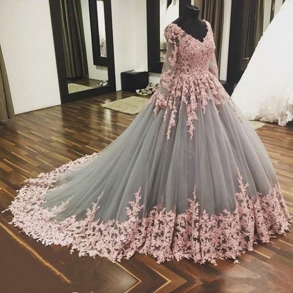 2020 moderni abiti da sposa in pizzo in pizzo rosa grigio moderno Appliques fatti a mano Sweep Train Princess Custom Plus size abiti da sposa 253P 253p