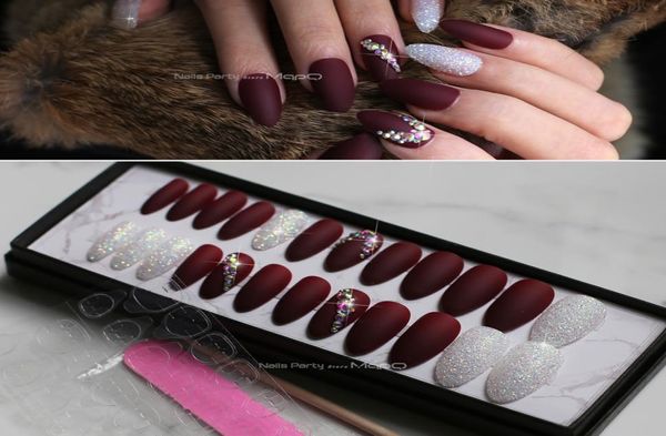 Match Nails Box Match Match On Nails Burgundy Ab Rhinestone Fasle Nails Stiletto con schede adesive Select1816328