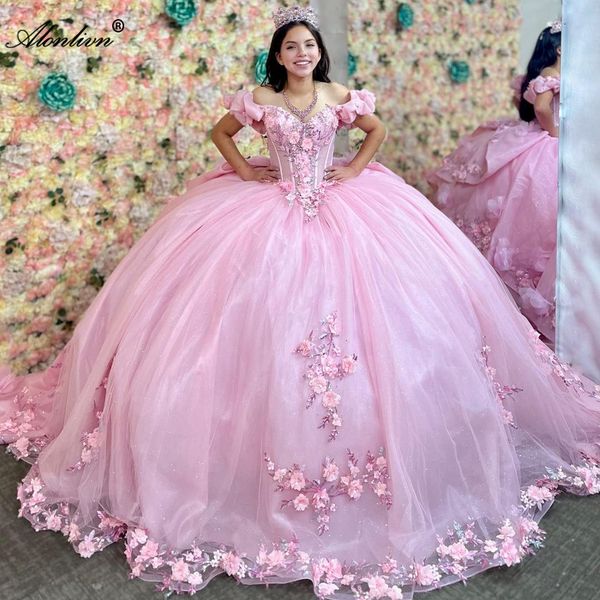 Vintage Blumendrucke geschwollene Ballkleid Quinceanera Kleider abgestufte Kapelle Zug von Schulter Kurzärmelen Abendkleider Party Geburtstagskleider mit 3D -Blumen