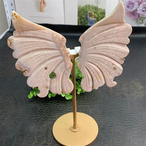 Estatuetas decorativas naturais rosa roxo rosa asas de borboleta esculpida escultura de cristal de cristal cura de pedra preciosa para casa de pedra para casa