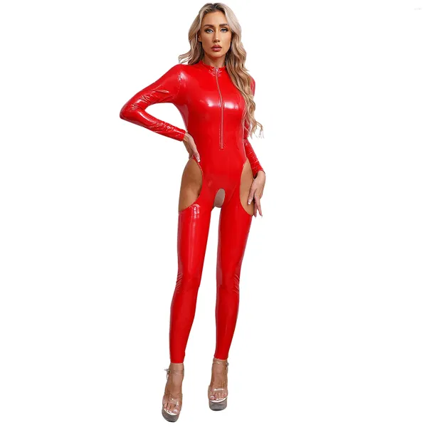 Frauen Badebekleidung Damenausschnitt Dessous offener Schritt Patent Leder -Overall Langarm nassen Look BodySuit krottelfreier Katzenanzug Teddies