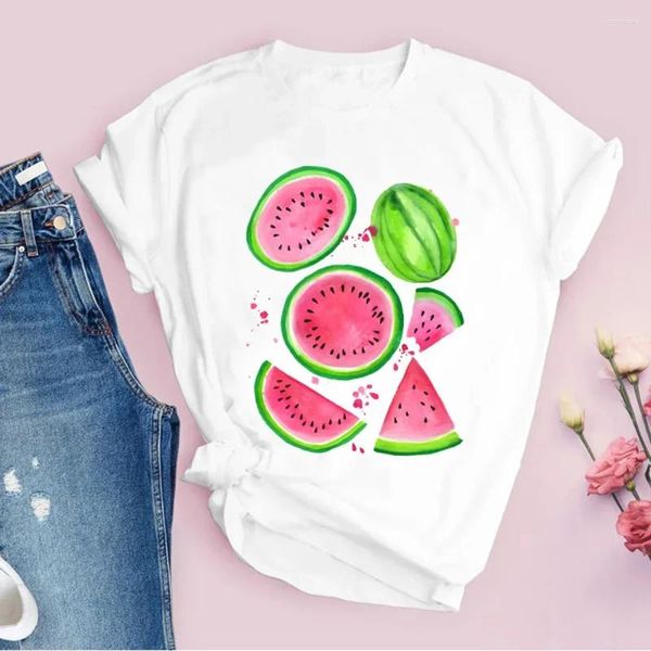 Camisetas femininas lady tees roupas usam camiseta feminina feminina feminina gráfica aquarela de melancia desenho animado de frutas de manga curta tops impressos