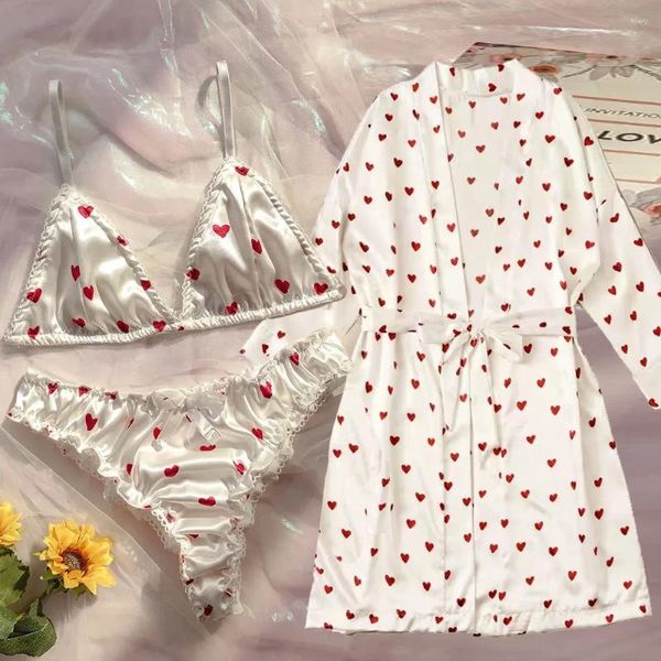 Hausbekleidungsdruck Schatz Pyjamas Set Frau BH Nachtwäsche mit Robe sexy Spitze Dessous Bademantel Seide Satin gekleidet Nachtwäsche