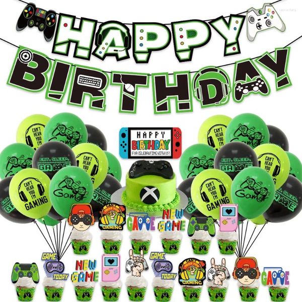 Decoração de festa feliz aniversário jogador banner jogo tema verde balões preto guirlanda para decorações de jogos de videogames