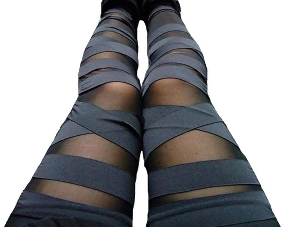Moda Bandage Taytlar Mesh Kadın Leggins 2018 Seksi Legging İnce Siyah Punk Rock Elastik Femme Pantolon9177214