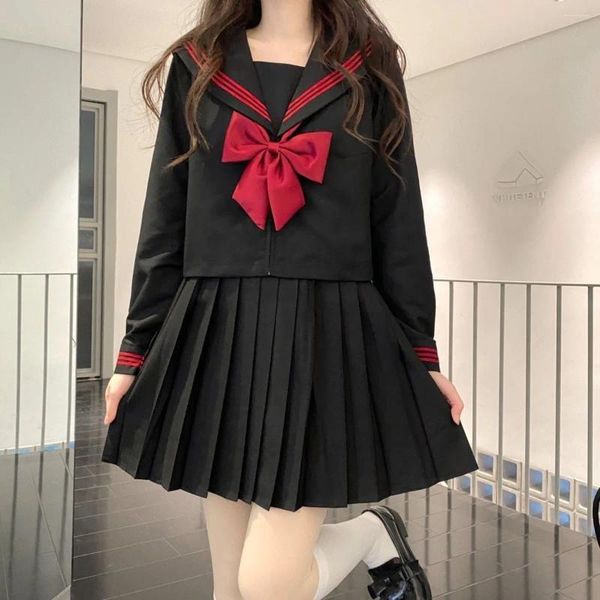 Roupas Defina o uniforme da escola japonesa menina jk traje vermelho três marinheiro básico Mulheres sexy primavera e outono manga longa