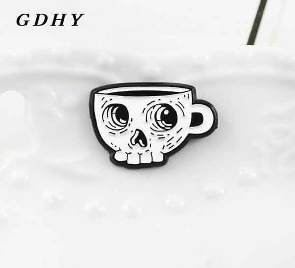 Gdhy weißes Skelett Kaffee Tasse Brosche Emaille Pin Schädel Tasse Death039s Schädel Cafe Lapel Hemd Brooch Emblem Halloween Geschenk2332721